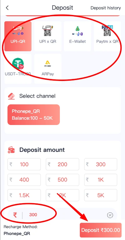 Daman Game deposit method screen
