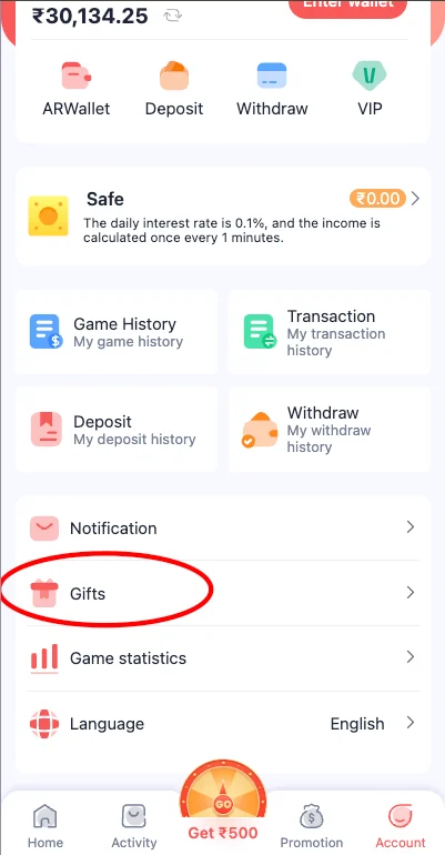 Daman Game gift menu screen