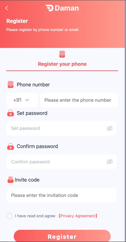 Daman Game registration screen