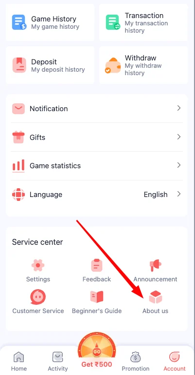 Daman Game support menu screen